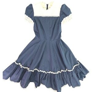 Sweetheart Polka Dot Lace Trim‎ Prairie Dress Blue White Vintage Girls Size 12